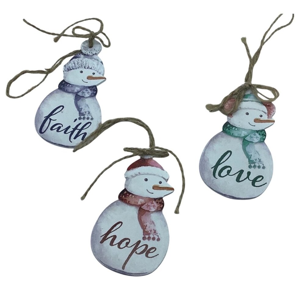 Snowman Christmas Wood Ornaments Inspirational Words 4” Faith Hope Love Set of 3